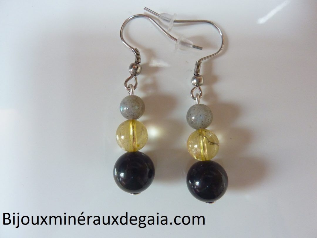 Boucles d'oreilles Labradorite-obsidienne oeil céleste-citrine