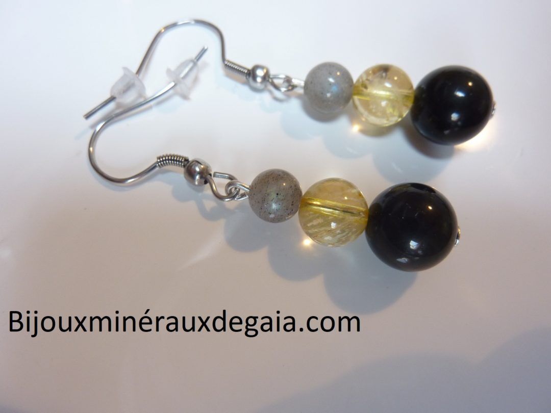 Boucles d'oreilles Labradorite-obsidienne oeil céleste-citrine