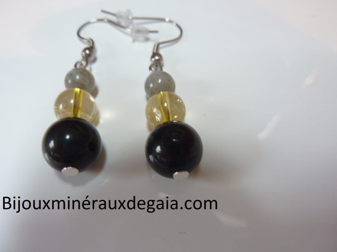 Boucles d'oreilles Labradorite-obsidienne oeil céleste-citrine