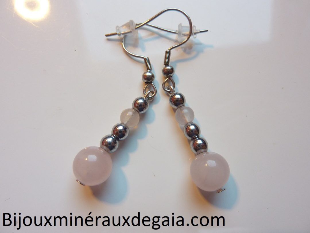 Boucles d'oreilles Quartz rose-Hématite perles rondes 8-4 mm