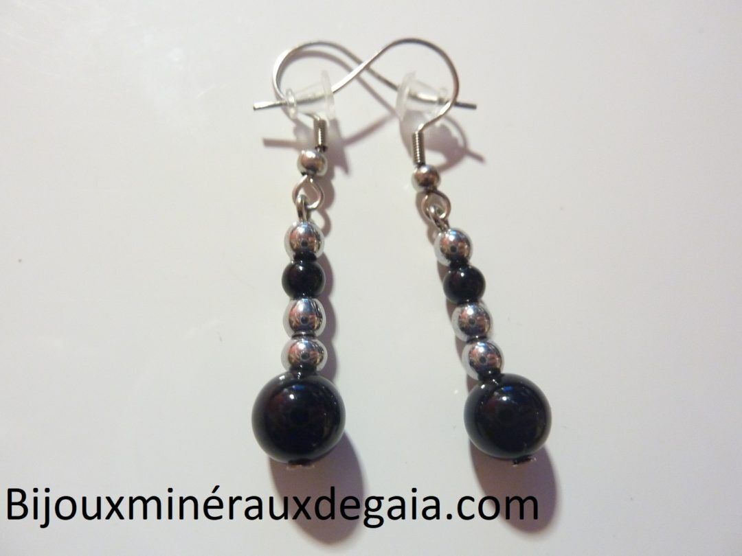 Boucles d'oreilles Tourmaline noire-Hématite perles rondes 8-4 mm