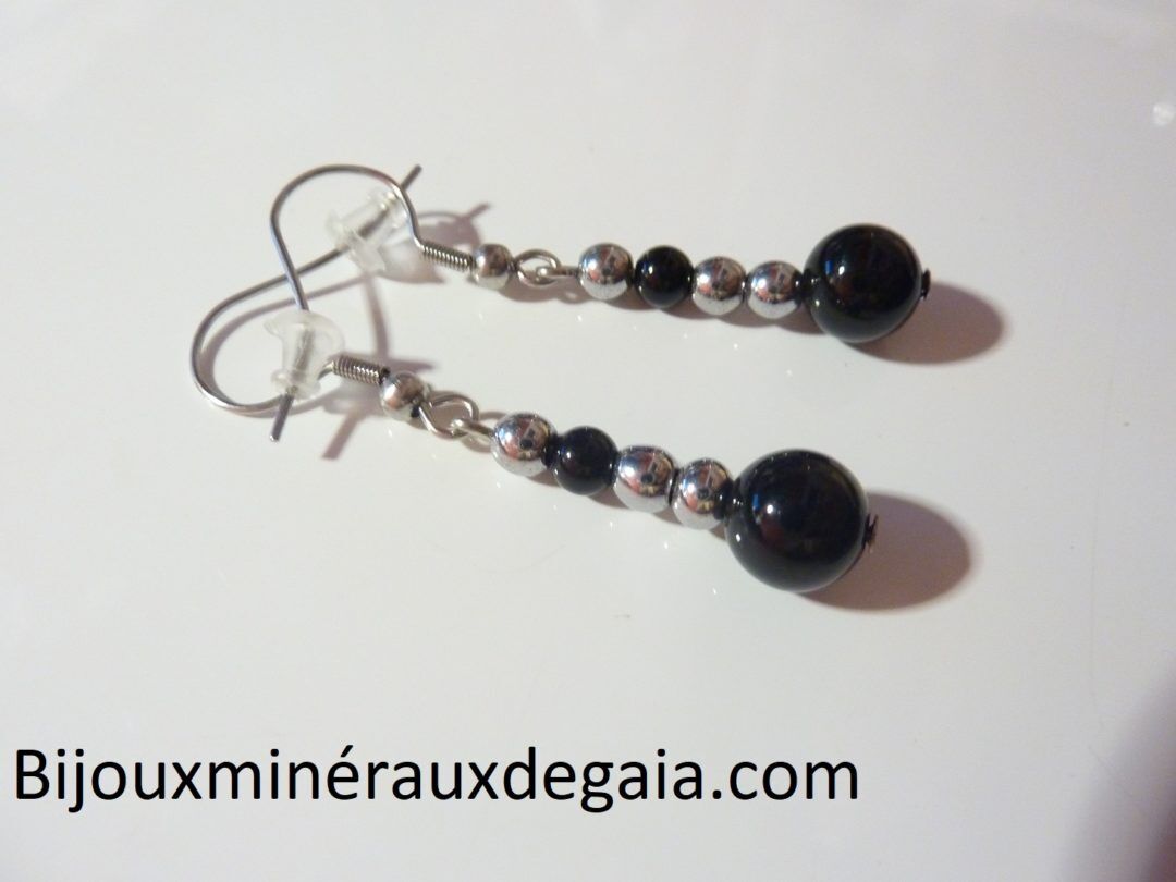 Boucles d'oreilles Tourmaline noire-Hématite perles rondes 8-4 mm