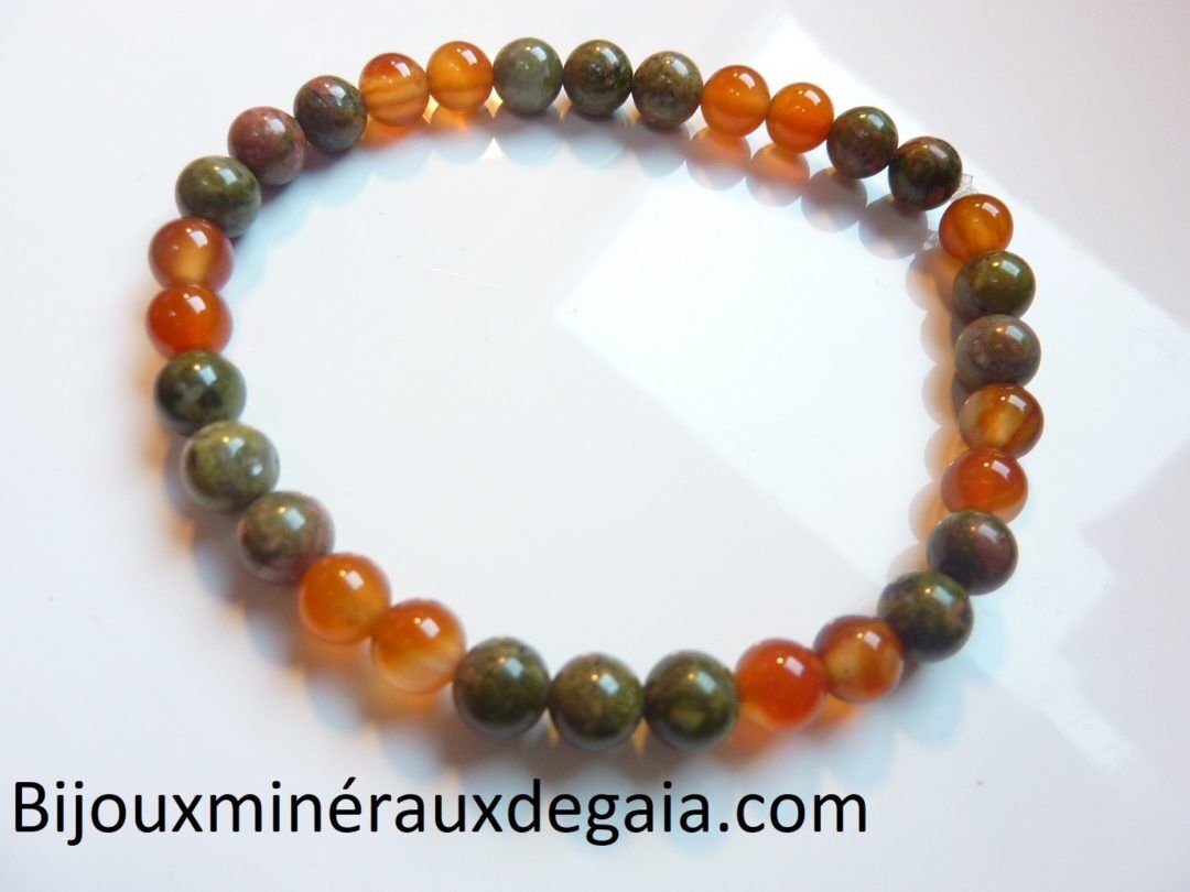 Bracelet cornaline-Unakite épidote : perles rondes 6 mm