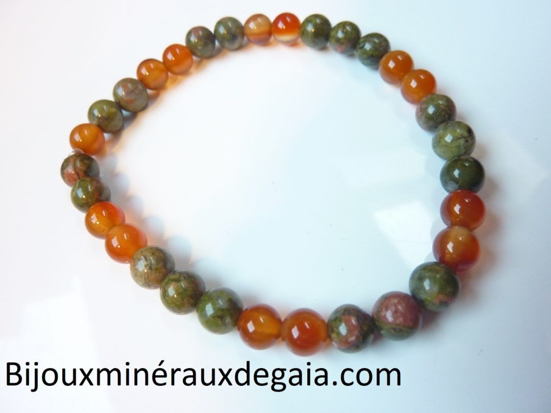 Bracelet cornaline-Unakite épidote : perles rondes 6 mm