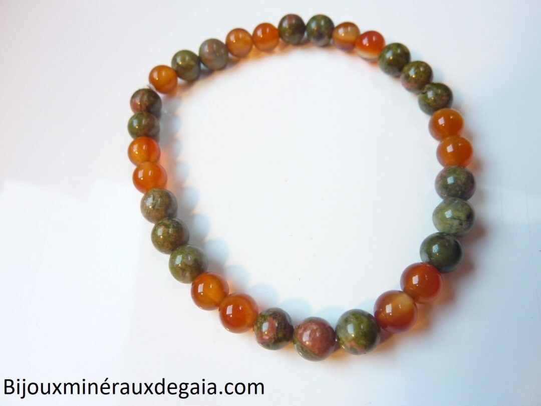 Bracelet cornaline-Unakite épidote : perles rondes 6 mm