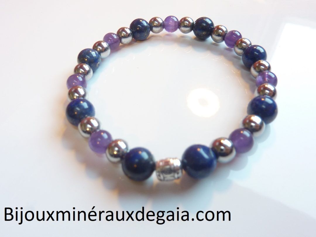 Bracelet Lapis lazuli-Améthyste-Hématite perles rondes 8-6 mm