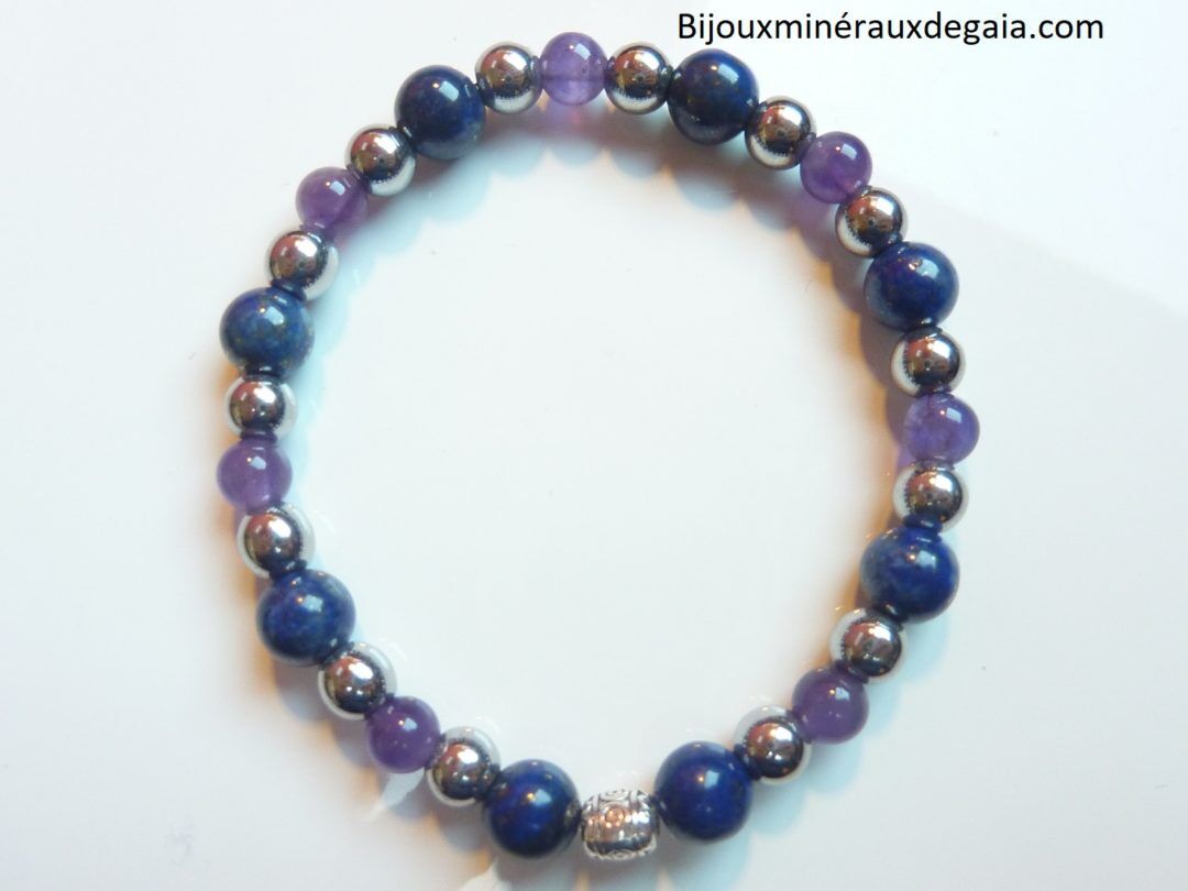 Bracelet Lapis lazuli-Améthyste-Hématite perles rondes 8-6 mm