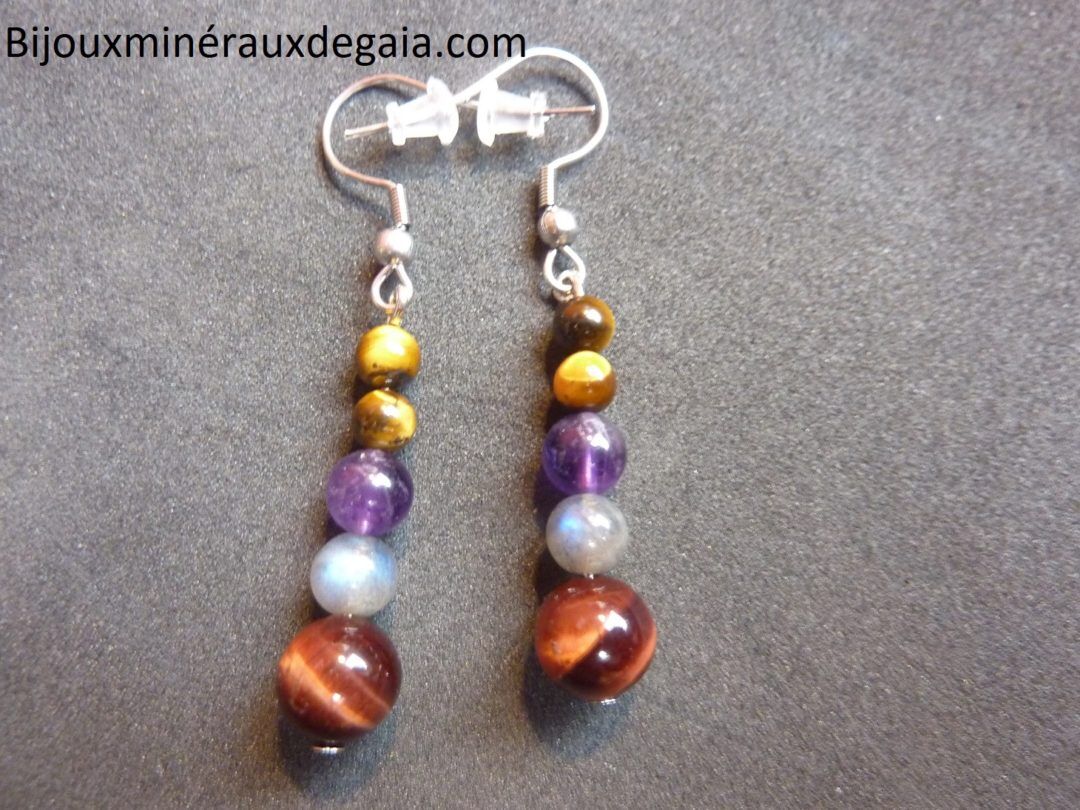 Boucles d'oreilles Oeil de tigre-Labradorite-Oeil de taureau-Améthyste