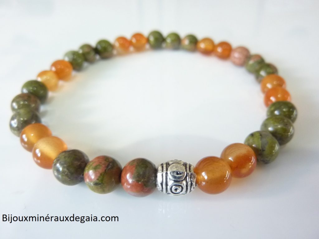 Bracelet cornaline-Unakite épidote : perles rondes 6 mm