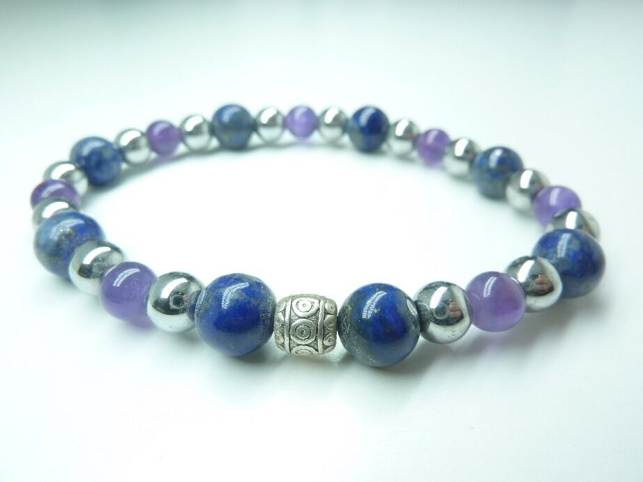 Bracelet Lapis lazuli-Améthyste-Hématite perles rondes 8-6 mm