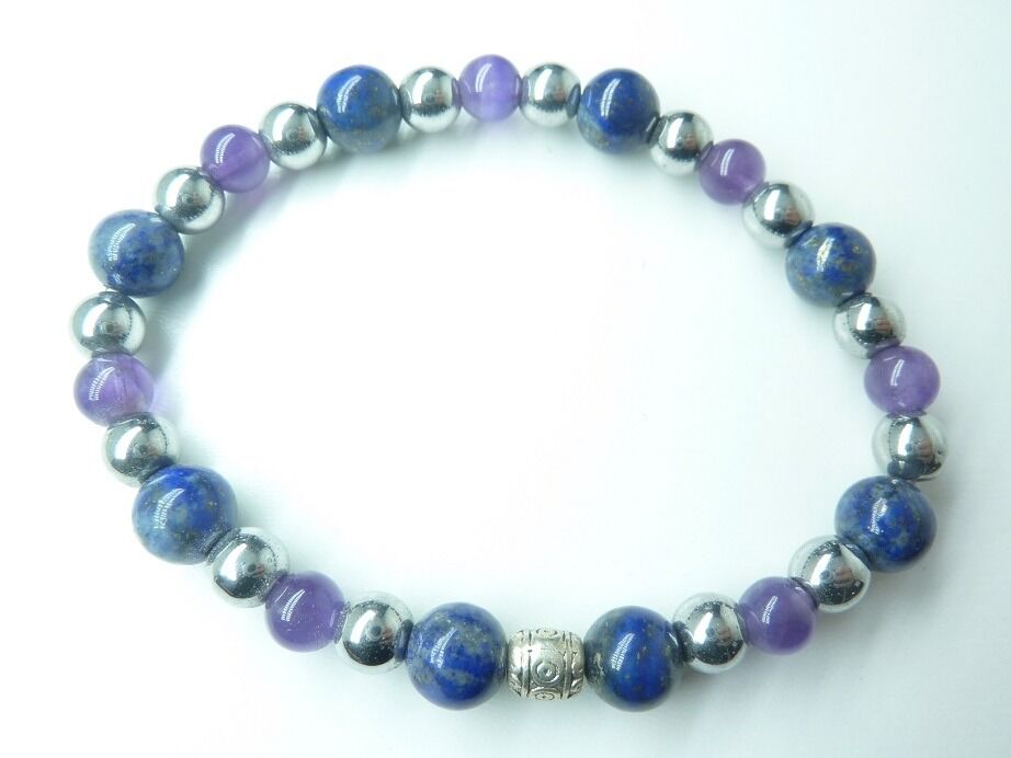 Bracelet Lapis lazuli-Améthyste-Hématite perles rondes 8-6 mm
