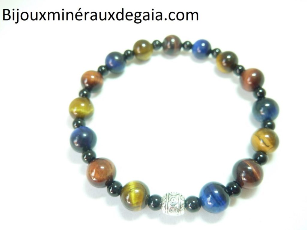 BRACELET OEIL DE TIGRE-FAUCON-TAUREAU-TOURMALINE NOIRE