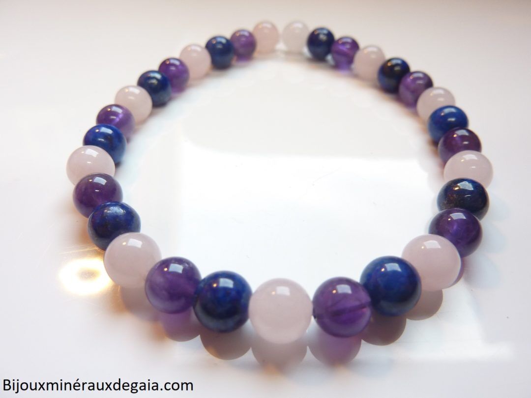 Bracelet Améthyste-Lapis lazuli-Quartz rose perles rondes 6 mm