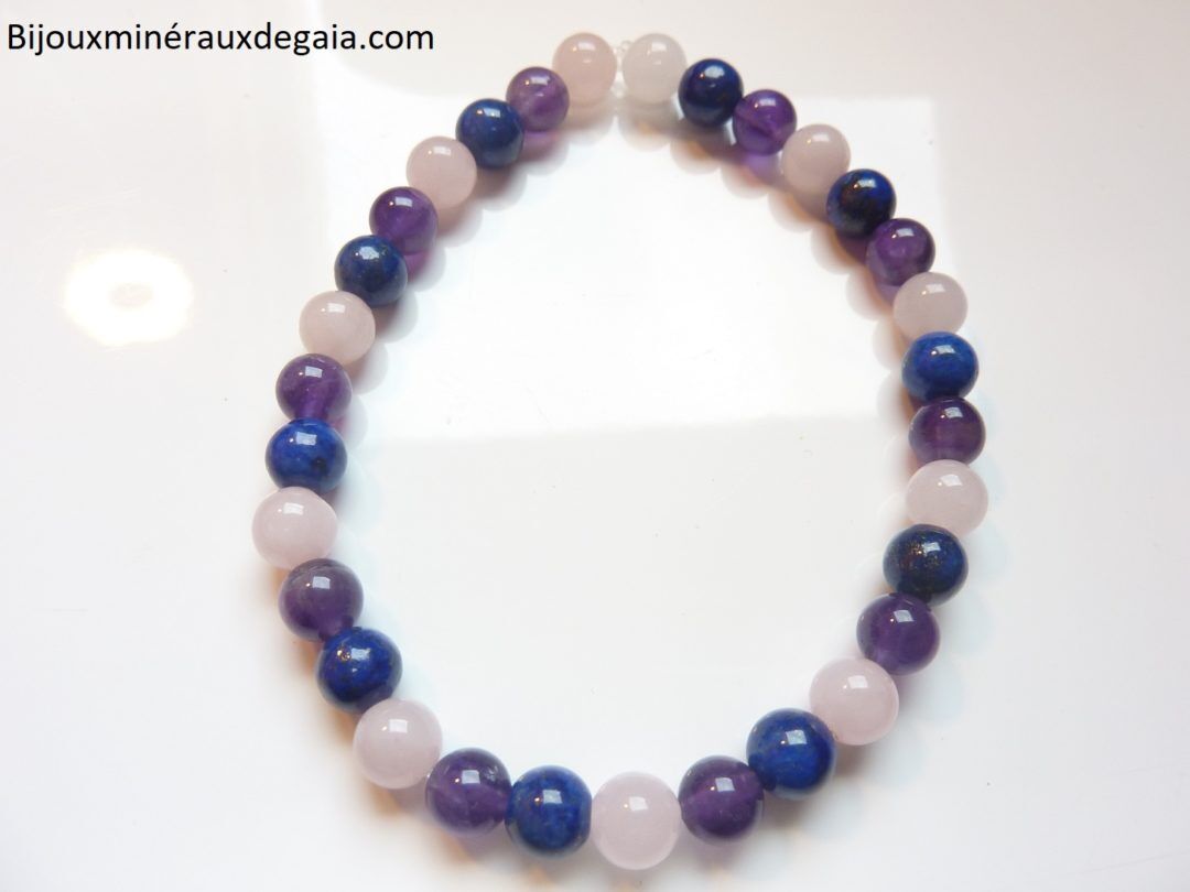 Bracelet Améthyste-Lapis lazuli-Quartz rose perles rondes 6 mm