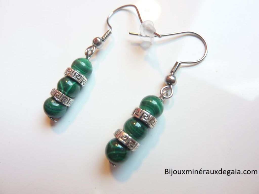 BOUCLES D'OREILLES MALACHITE PERLES RONDES 6 MM