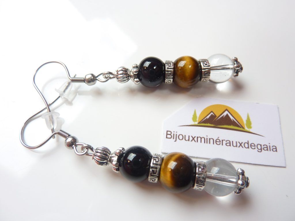 Boucles d'oreilles quartz cristal de roche-Oeil de tigre-Tourmaline noire - 8 mm