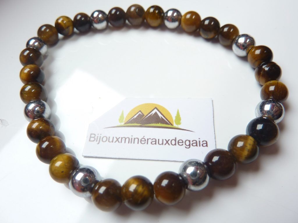 Bracelet Hématite-Oeil de tigre perles rondes 6 mm