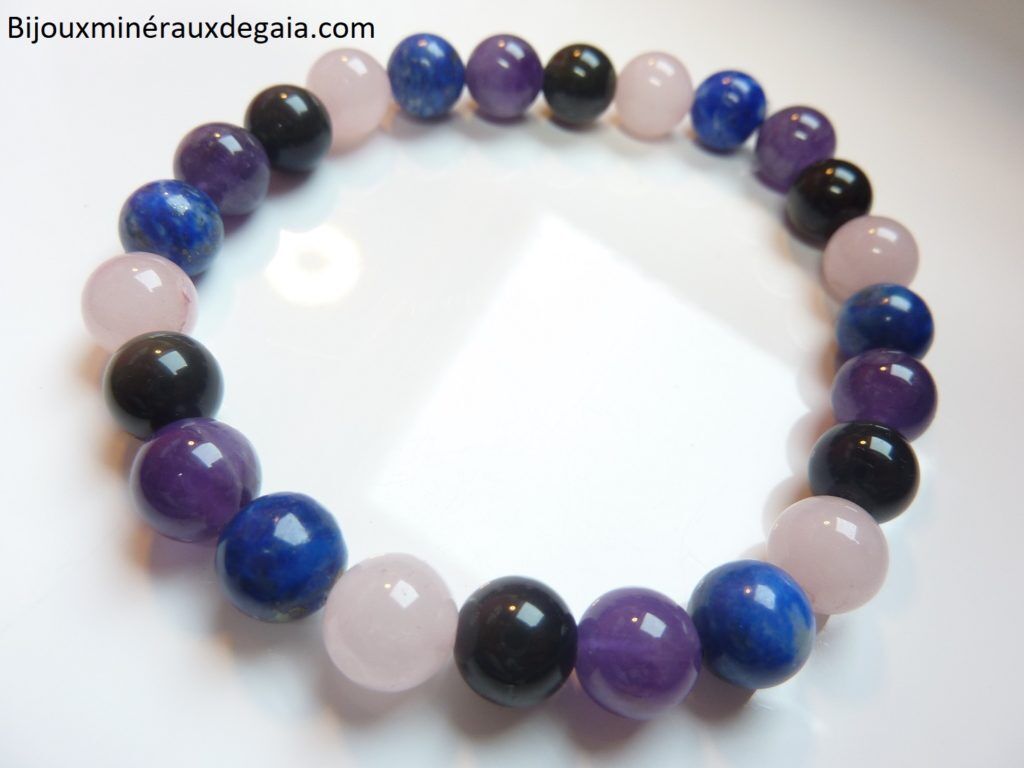 Bracelet Quartz rose-Améthyste-Lapis lazuli-Obsidienne oeil céleste perles 8 mm