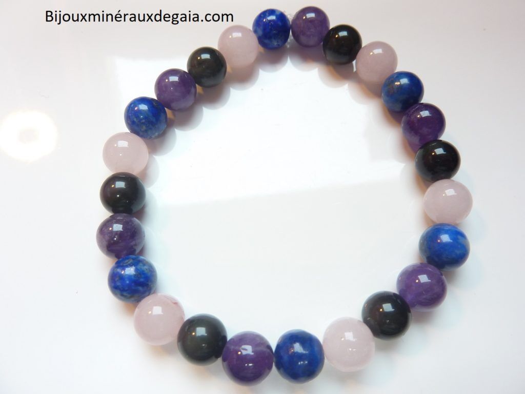 Bracelet Quartz rose-Améthyste-Lapis lazuli-Obsidienne oeil céleste perles 8 mm