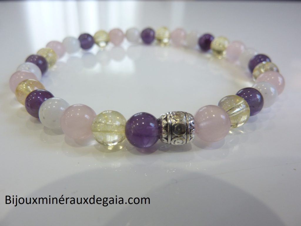 Bracelet citrine-pierre de lune-améthyste-quartz rose joie tendresse intuition