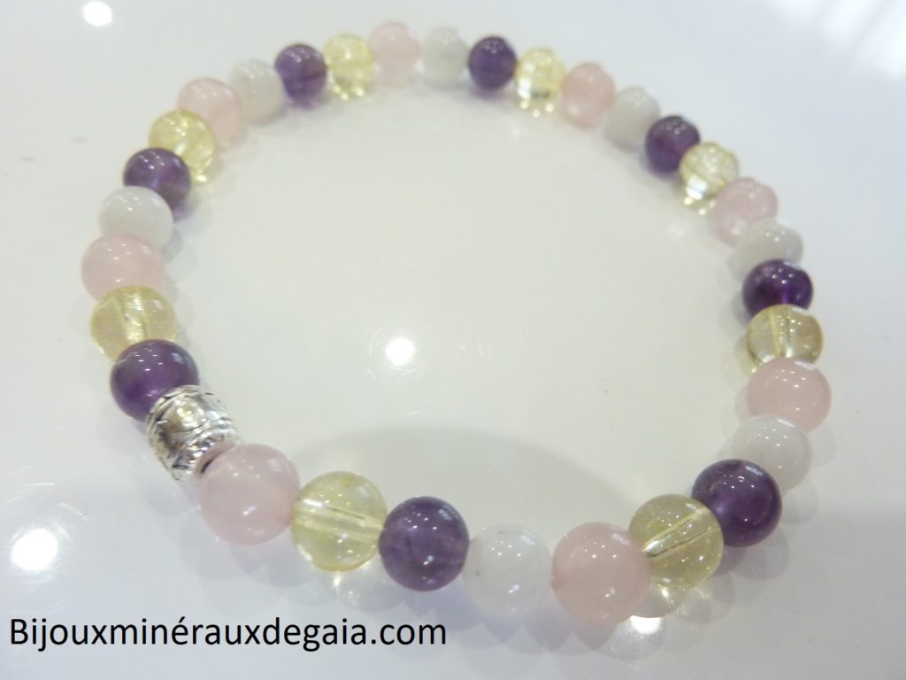 Bracelet citrine-pierre de lune-améthyste-quartz rose joie tendresse intuition