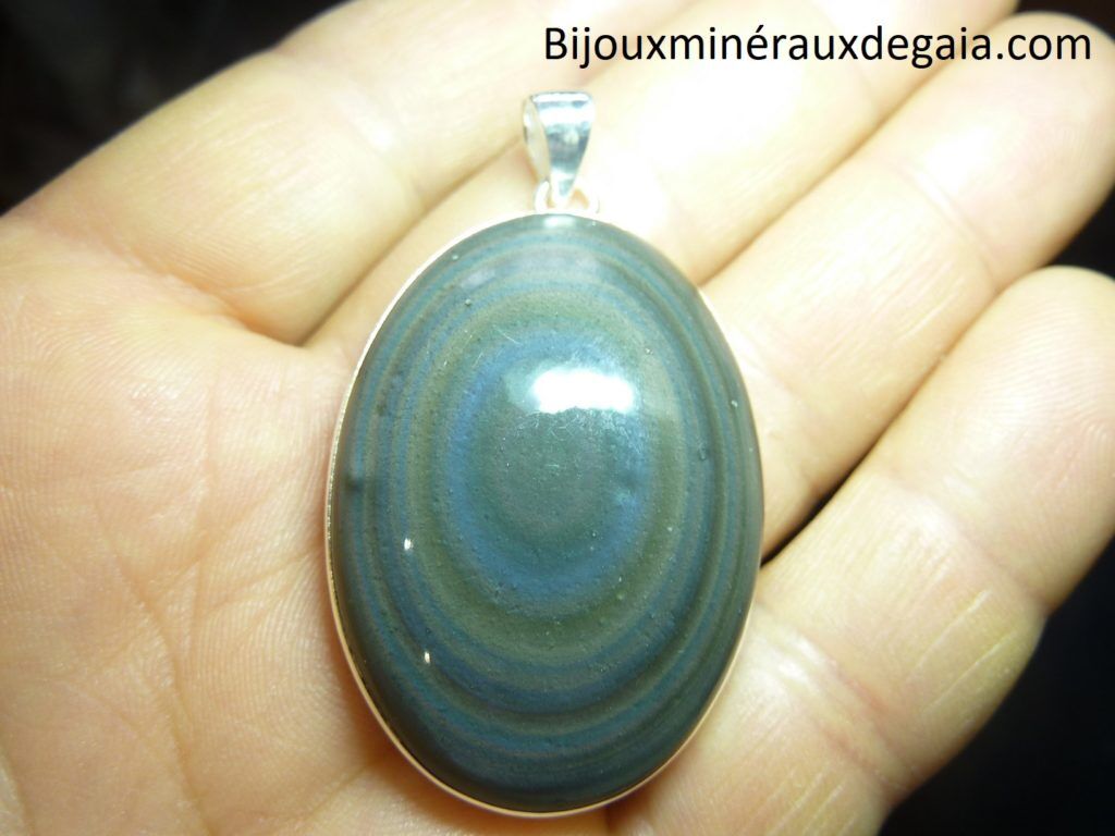Pendentif obsidienne oeil celeste monture argent 925 r 7954