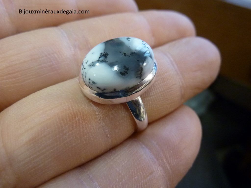 Bague Merlinite opale dentritique Monture argent 925 Taille 55 1/4 REF 7386