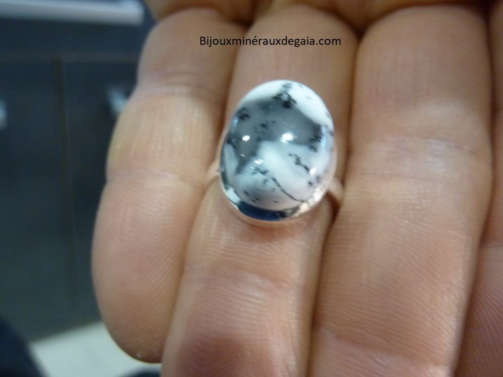 Bague Merlinite opale dentritique Monture argent 925 Taille 551/4 REF 7386