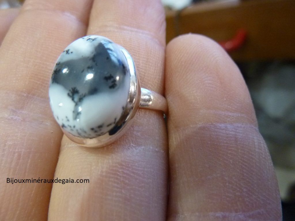 Bague Merlinite opale dentritique Monture argent 925 Taille 551/4 REF 7386