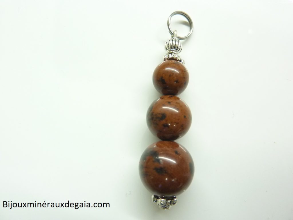 Pendentif obsidienne Acajou perles 12-10-8 mm