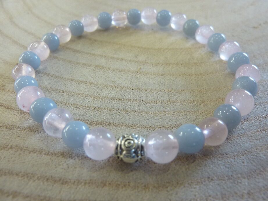 Bracelet Quartz rose-Angélite - Perles rondes 6 mm