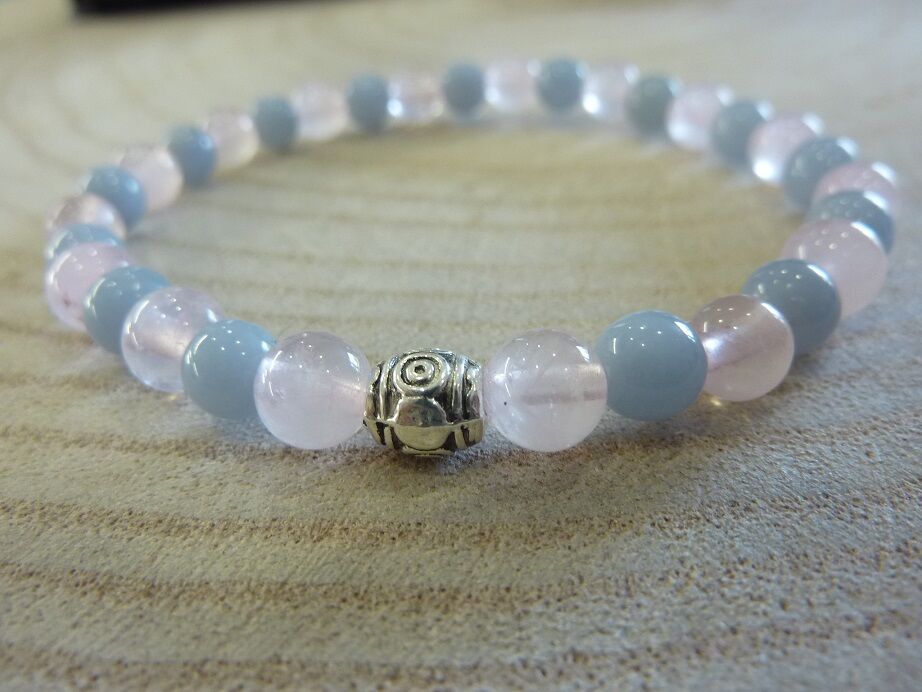Bracelet Quartz rose-Angélite - Perles rondes 6 mm
