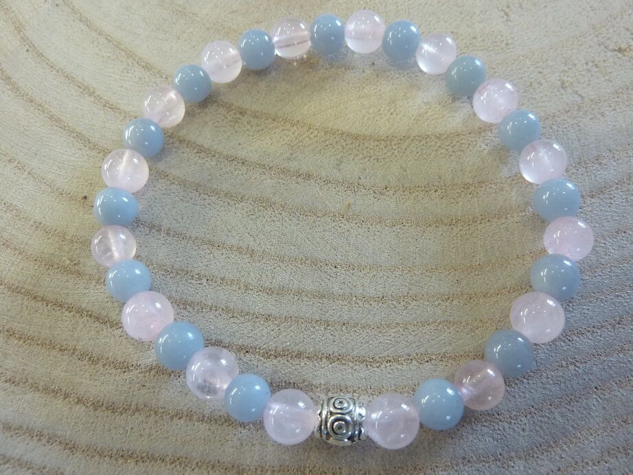 Bracelet Quartz rose-Angélite - Perles rondes 6 mm