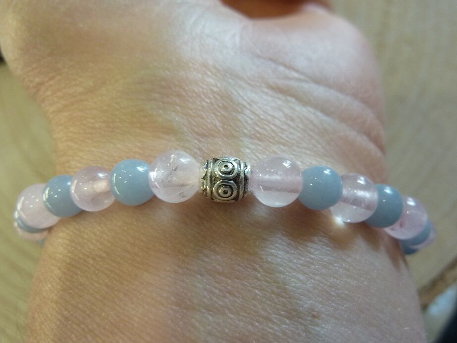 Bracelet Quartz rose-Angélite - Perles rondes 6 mm