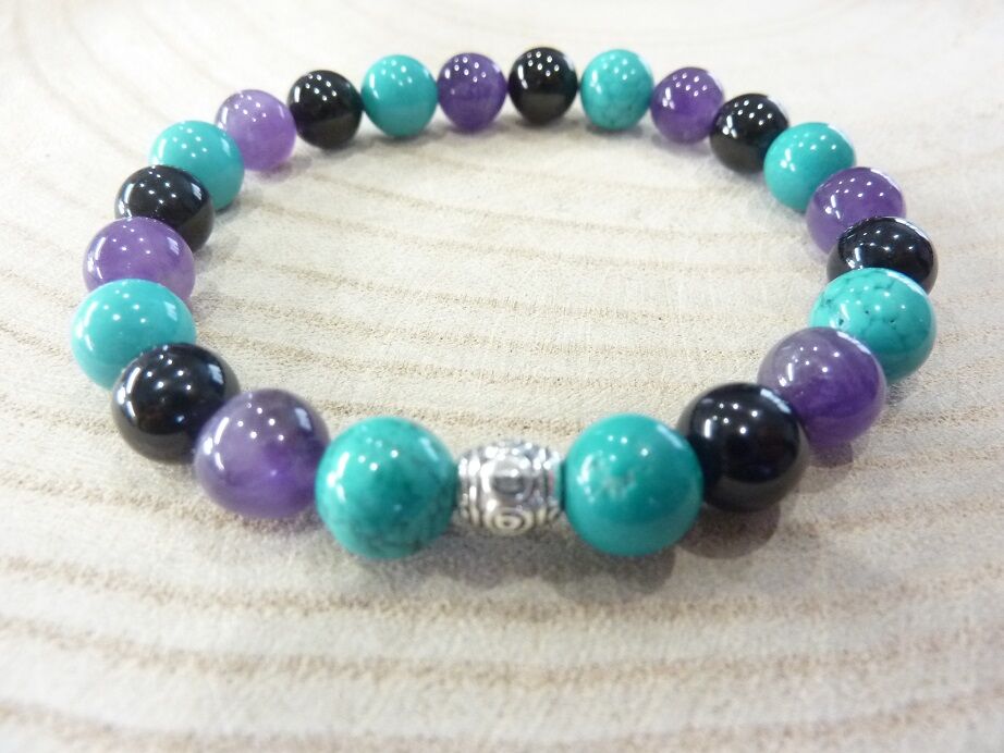 Bracelet Spinelle noir-Améthyste-Turquoise - Perles 8 mm
