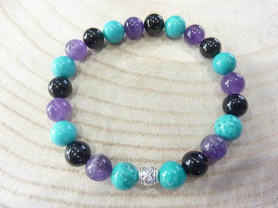 Bracelet Spinelle noir-Améthyste-Turquoise - Perles 8 mm