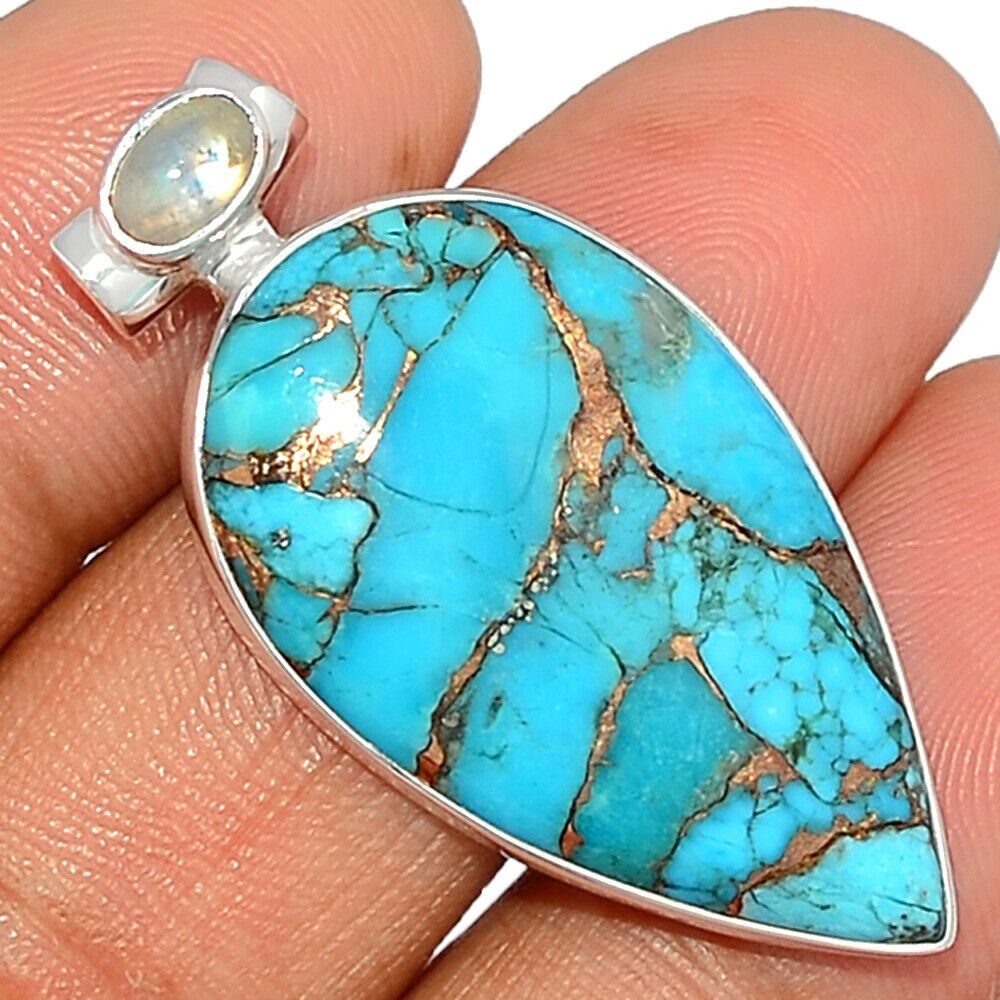 Pendentif Turquoise-Pierre de lune monture argent 925 ref 3291