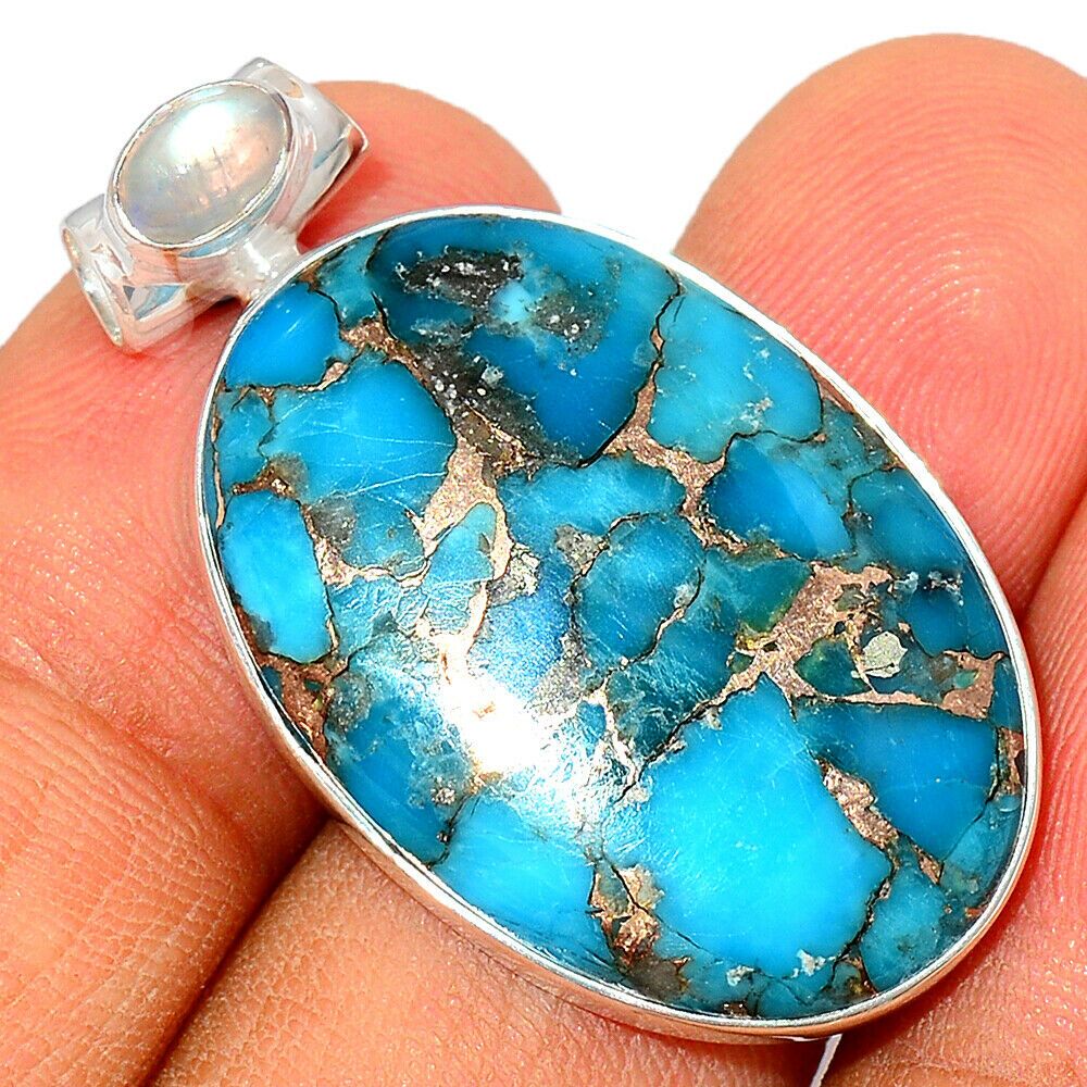 Pendentif Turquoise-Pierre de lune monture argent 925 ref 6758