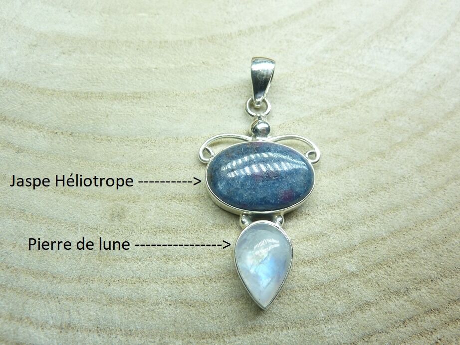 Pendentif Pierre de lune-Jaspe héliotrope argent 925 Ref 0712