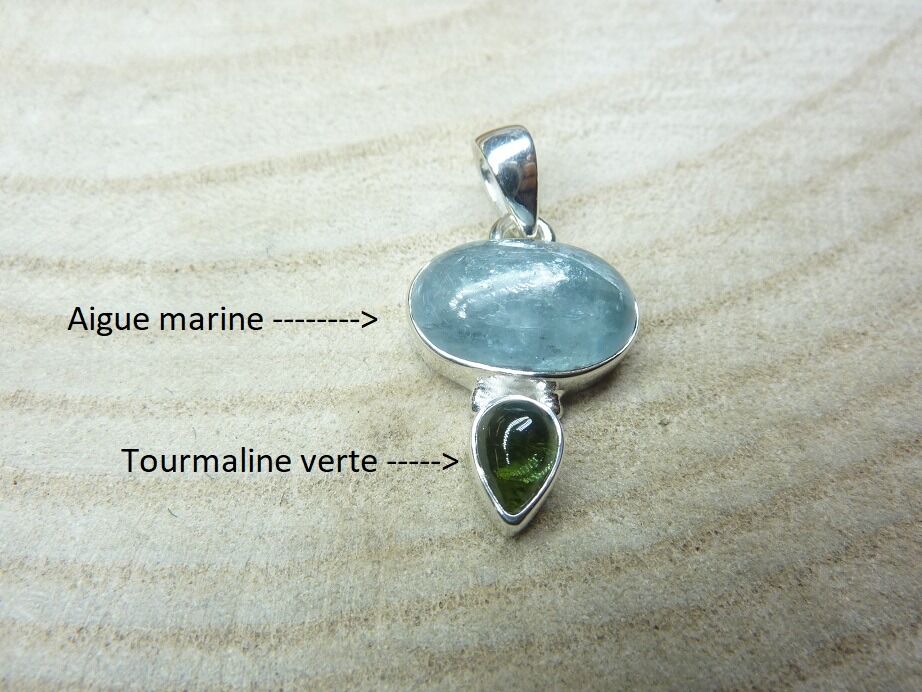 Pendentif Aigue marine-Tourmaline verte argent 925 Ref 2839