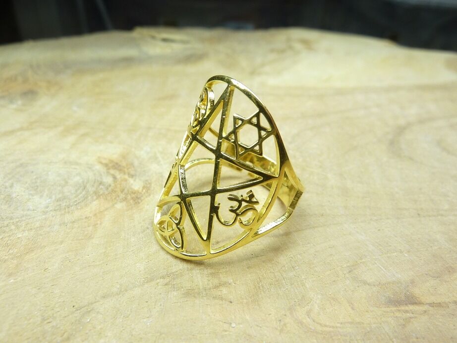 Bague ajustable pentacle multi symboles Or