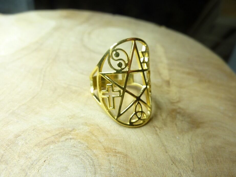 Bague ajustable pentacle multi symboles Or
