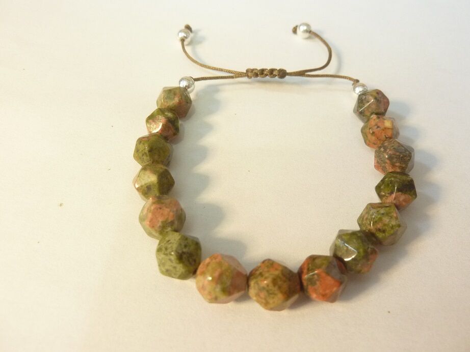 Bracelet Unakite épidote réglable perles 8 mm à facettes