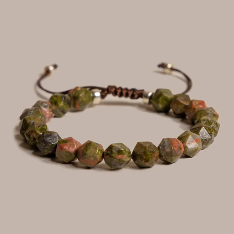 Bracelet Unakite épidote réglable perles 8 mm à facettes