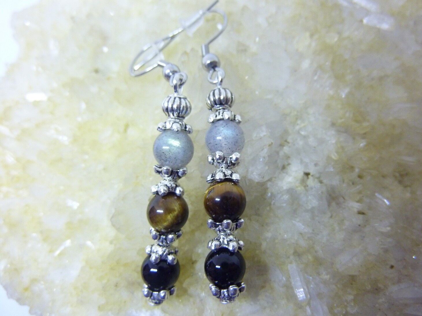 BOUCLES D'OREILLE PROTECTION EXTREME OEIL DE TIGRE-LABRADORITE-TOURMALINE NOIRE 6 mm – Image 7