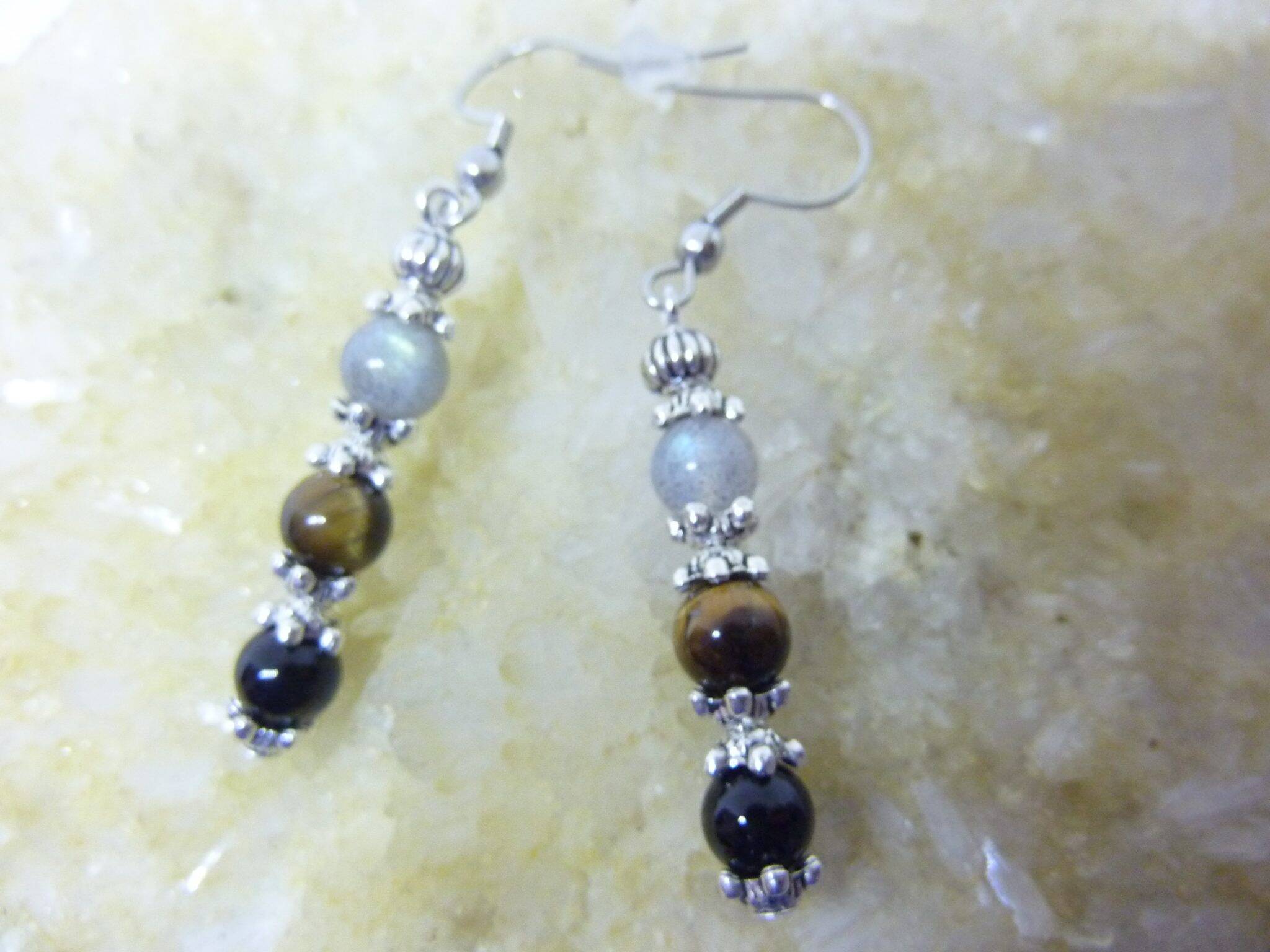 BOUCLES D'OREILLE PROTECTION EXTREME OEIL DE TIGRE-LABRADORITE-TOURMALINE NOIRE 6 mm