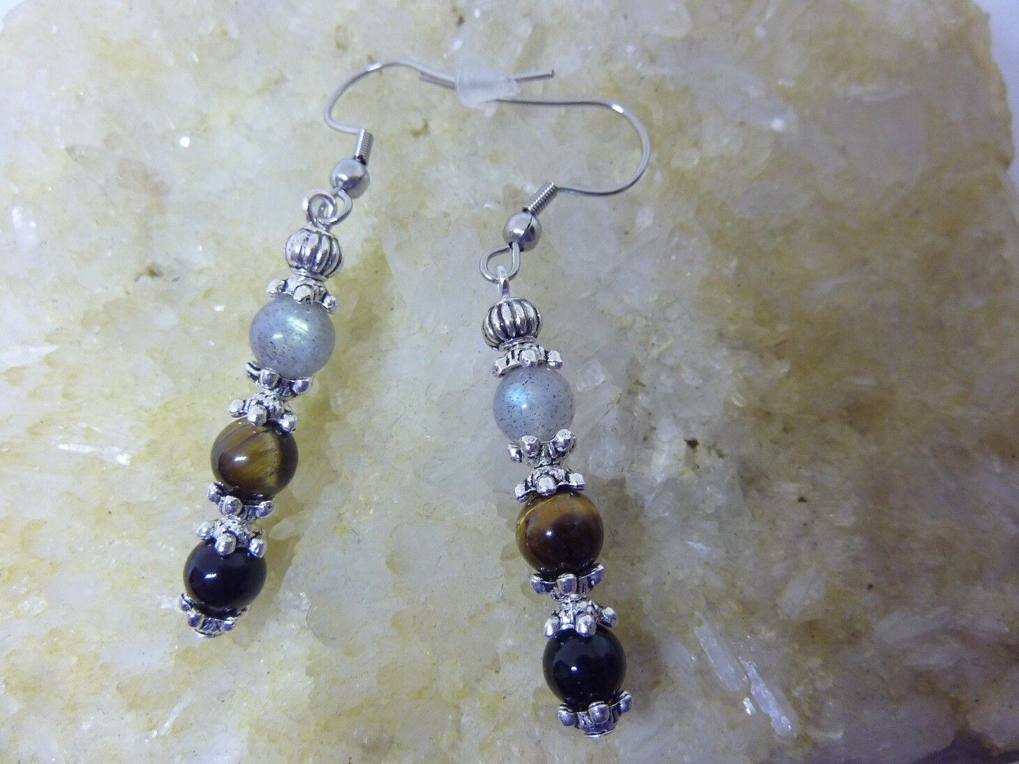 BOUCLES D'OREILLE PROTECTION EXTREME OEIL DE TIGRE-LABRADORITE-TOURMALINE NOIRE 6 mm – Image 4