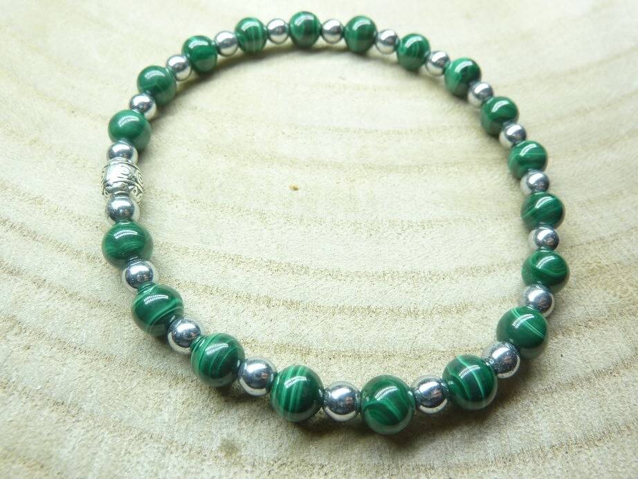 Bracelet malachite : perles rondes 6 mm