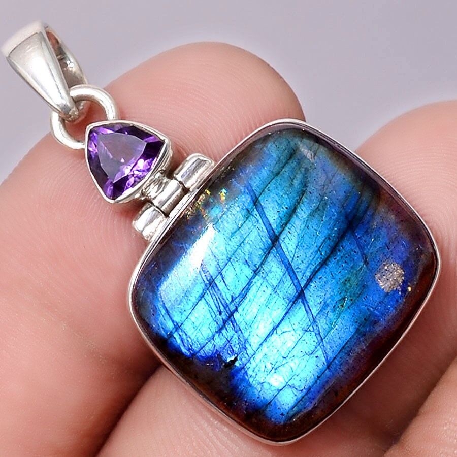 Pendentif protection labradorite-Améthyste monture argent 925 ref 0440