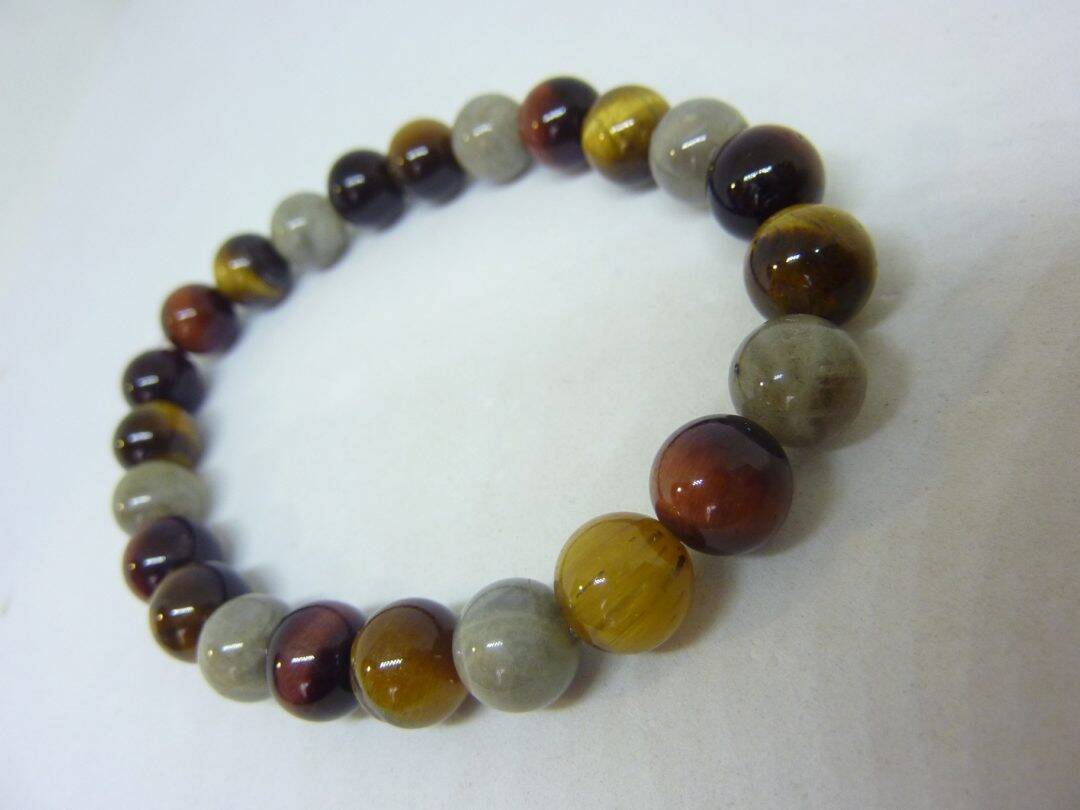 BRACELET OEIL DE TIGRE-TAUREAU-LABRADORITE PERLES 8 MM